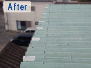 福島県いわき市 折半屋根の軒先部分に空いた穴を補修してボルト部分に錆ロックを取り付けた状態