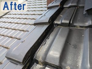 福島県楢葉町　ズレていたケラバの袖瓦の並びを整えてコーキングで隙間を塞いだ状態の瓦屋根