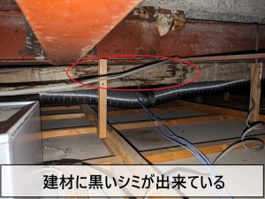 屋根裏の建材に雨漏りの水がかかり黒く変色している部分がある状態