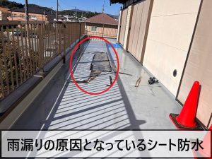 ベランダのシート防水が剥がれて雨漏りに繋がっている状態