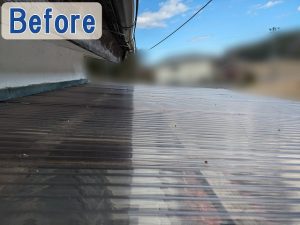 福島県広野町　波板が劣化して釘の浮きや波板の歪みが発生している状態